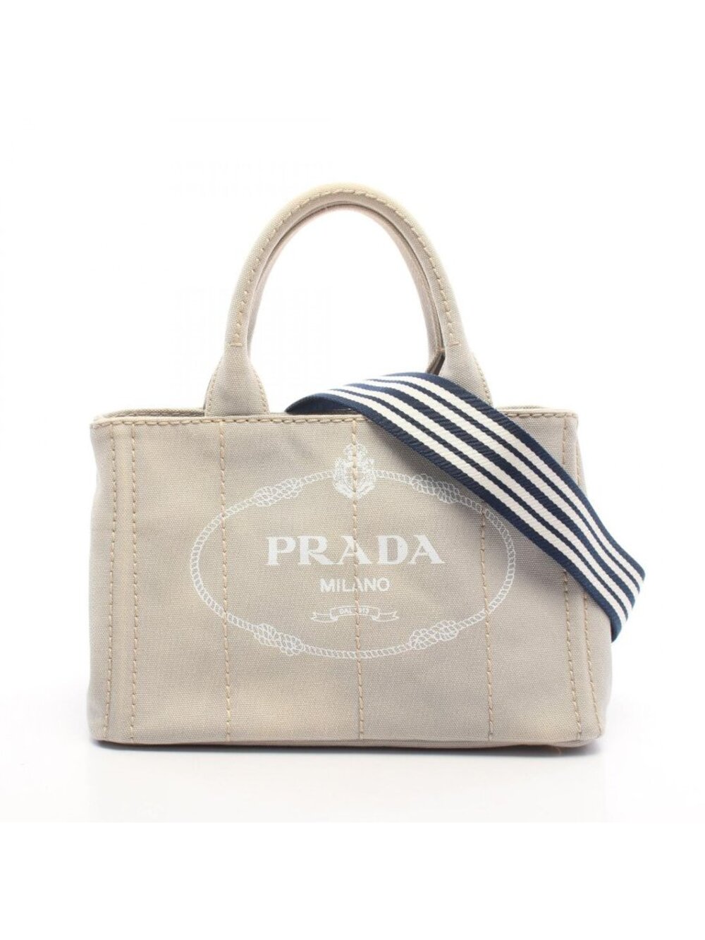 Prada Tote Bag Canapa Light Gray White Navy Canvas 2-Way Mini